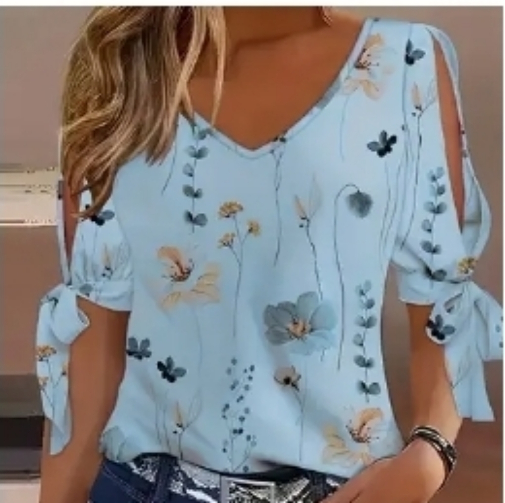 Floral V-Neck Women Top - Blue